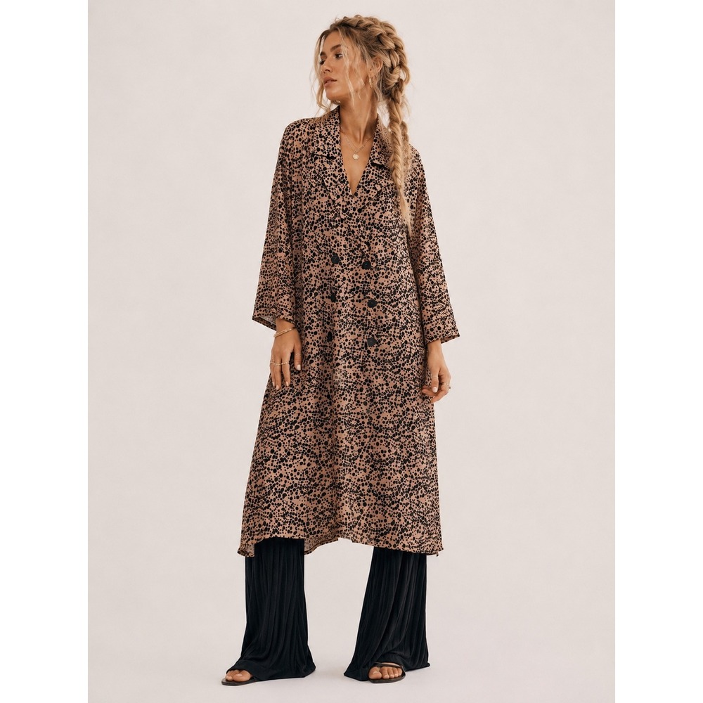Free People Leopard Print Double Breasted Maxi Dress Duster Coat Tan Black S